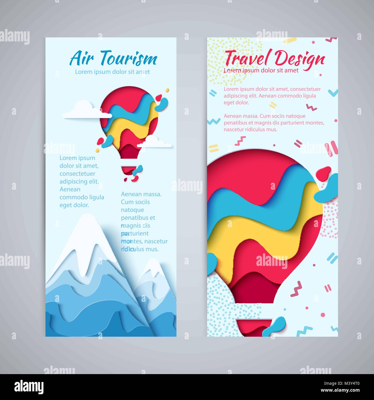 Travel design flyer template set paper art concept of hot air