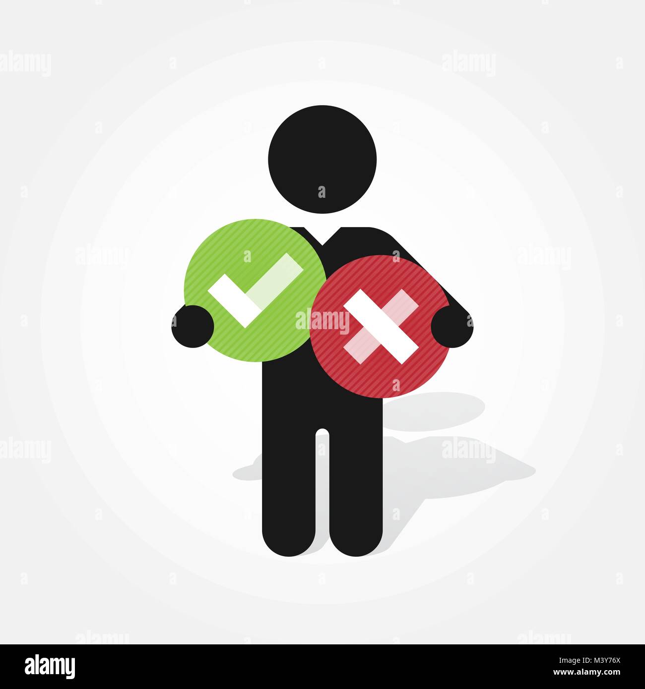 figure man holds right and wrong symbol in circle Stock Vector