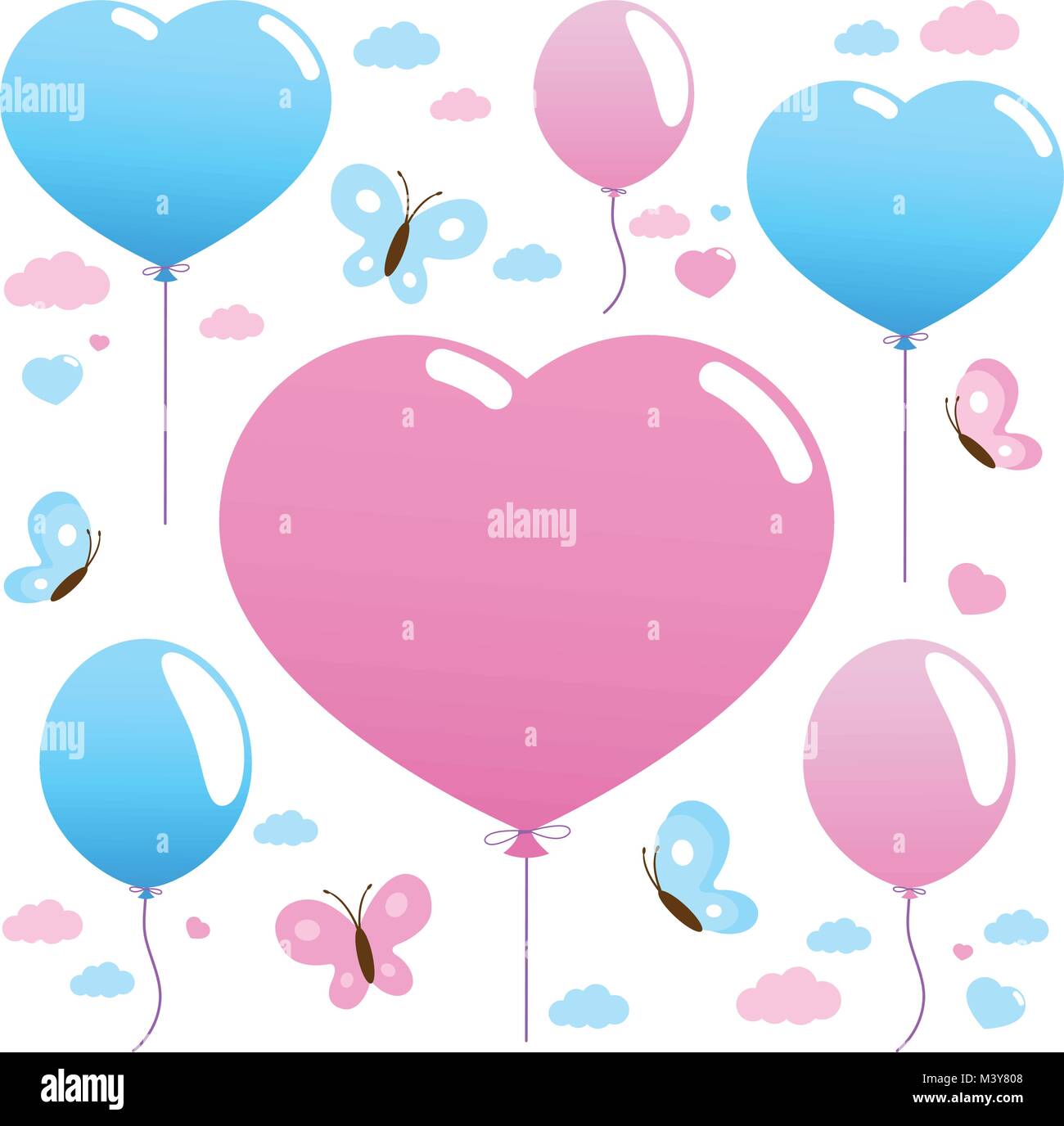 Pink and blue heart shaped balloons and butterflies flying in the sky ...