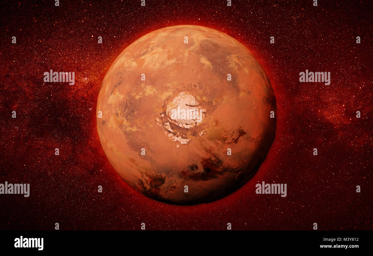 Mars with the Red Planet's north polar ice cap and the Milky Way galaxy (3d illustration, elements of this image are furnished by NASA) Stock Photo