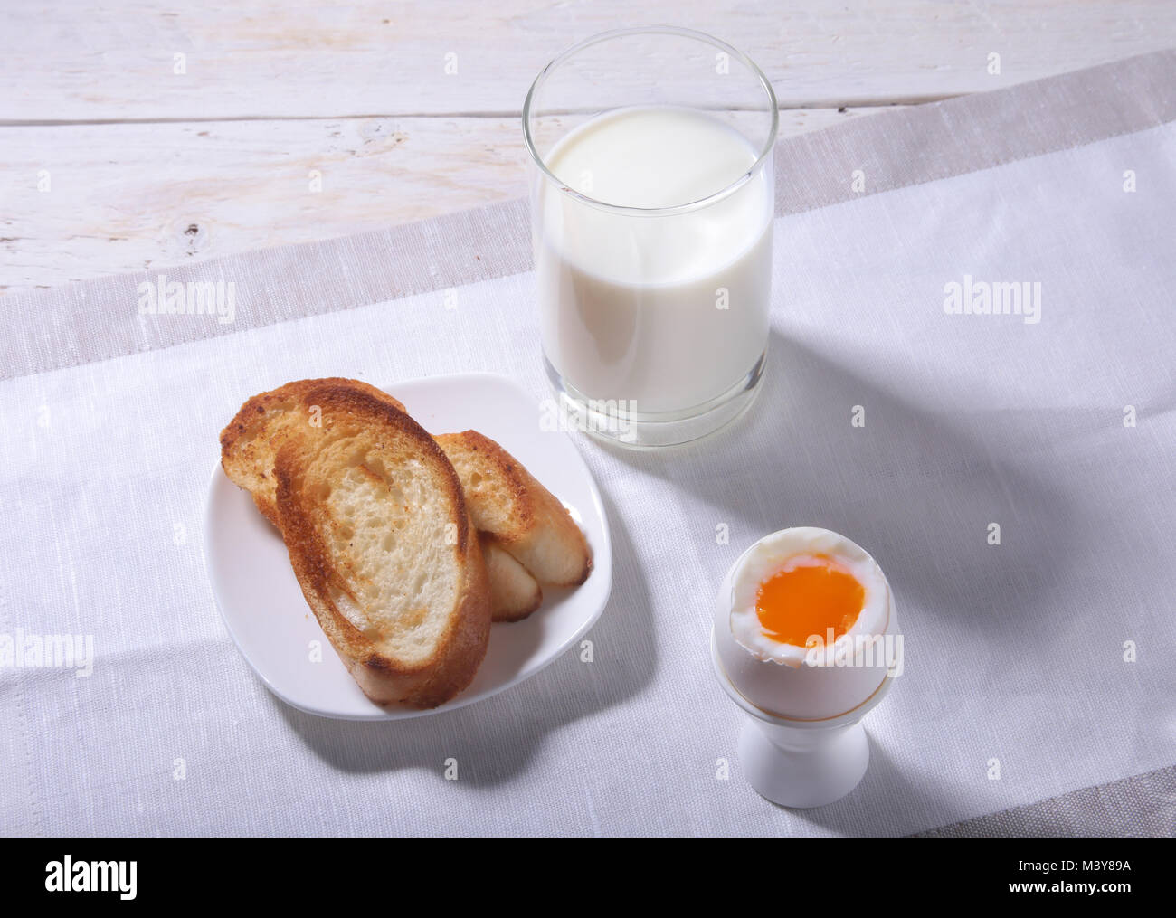 Morning Breakfast set with egg, orange jam on bread toast and milk in