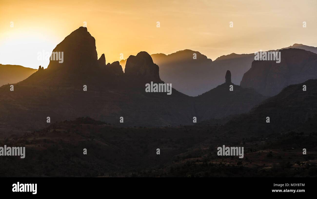 Ethiopia, Amhara region, Adi Arkay, Simien Mountains National Park listed as World Heritage by UNESCO, sunrise on the mountain Stock Photo
