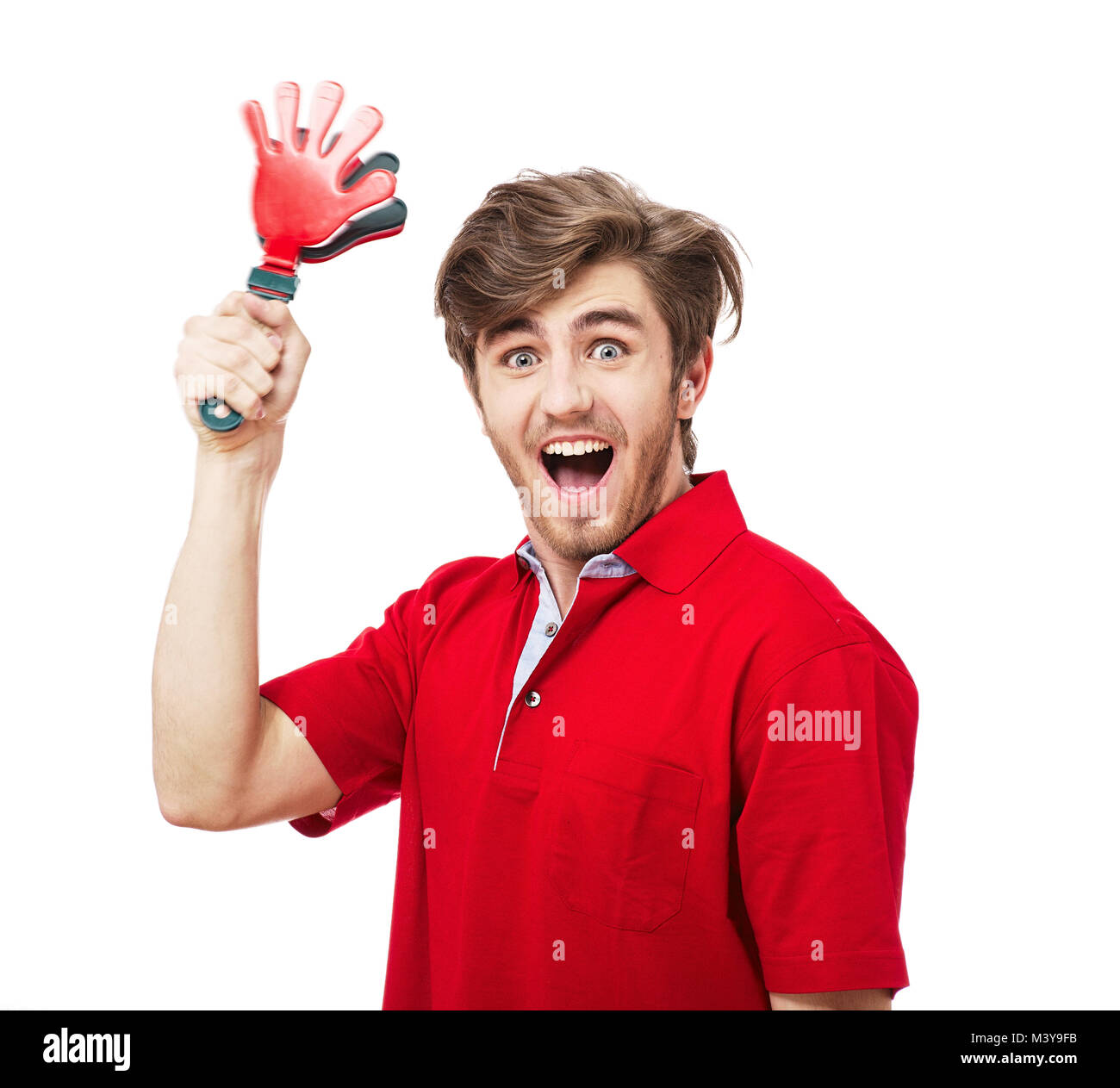 Football or soccer fan screaming with supporter attributes isolated on