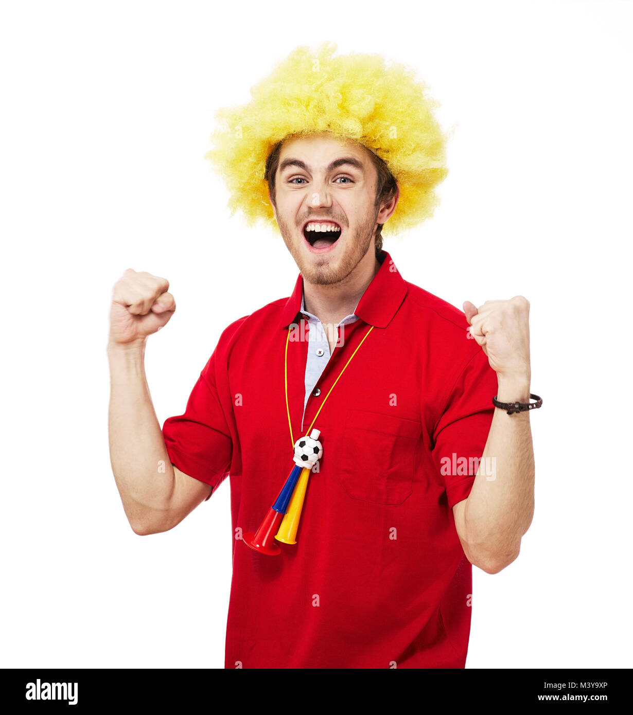 Football or soccer fan screaming with supporter attributes isolated on