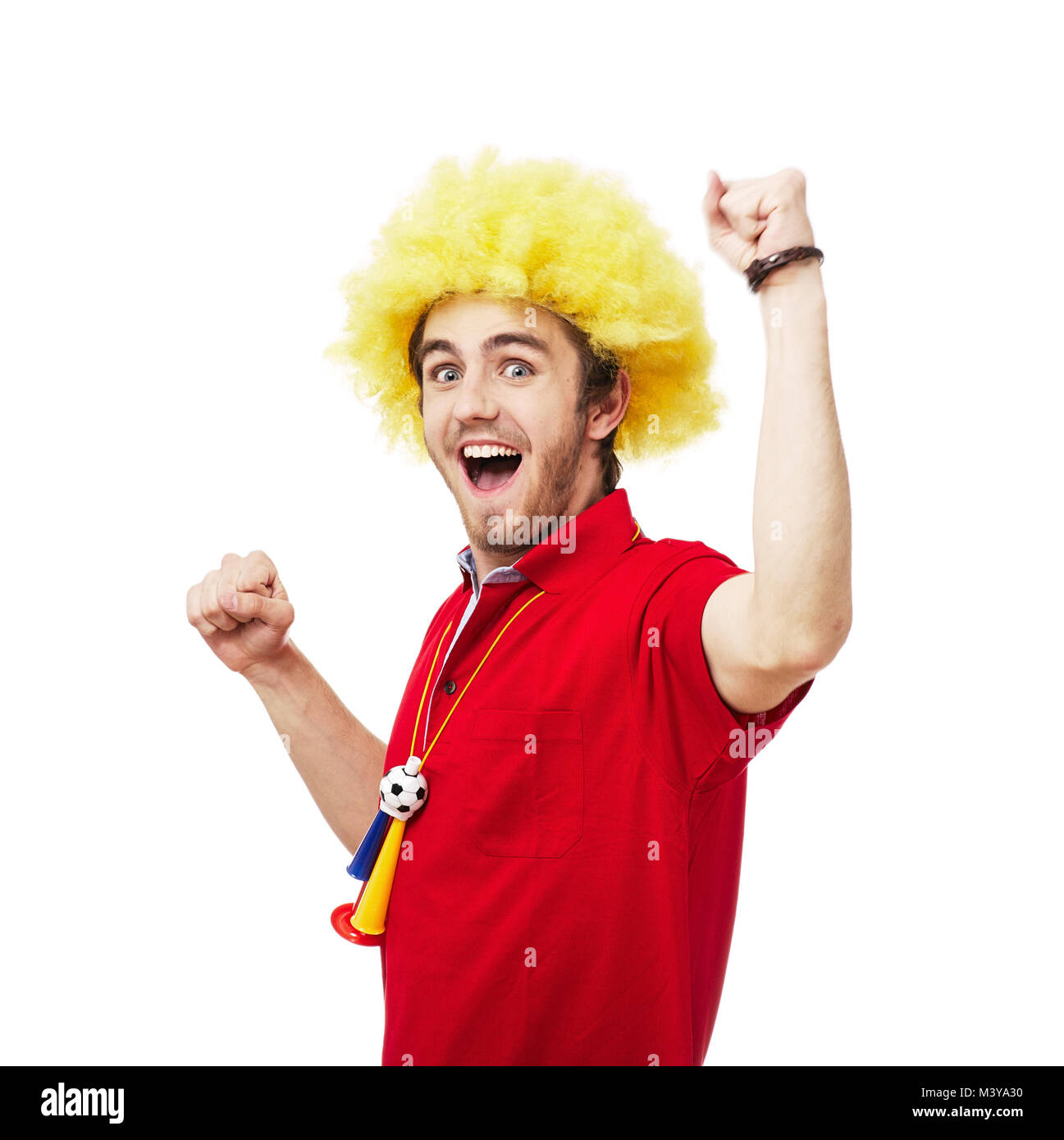 Football or soccer fan screaming with supporter attributes isolated on