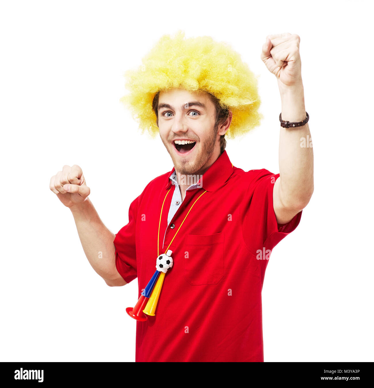 Football or soccer fan screaming with supporter attributes isolated on