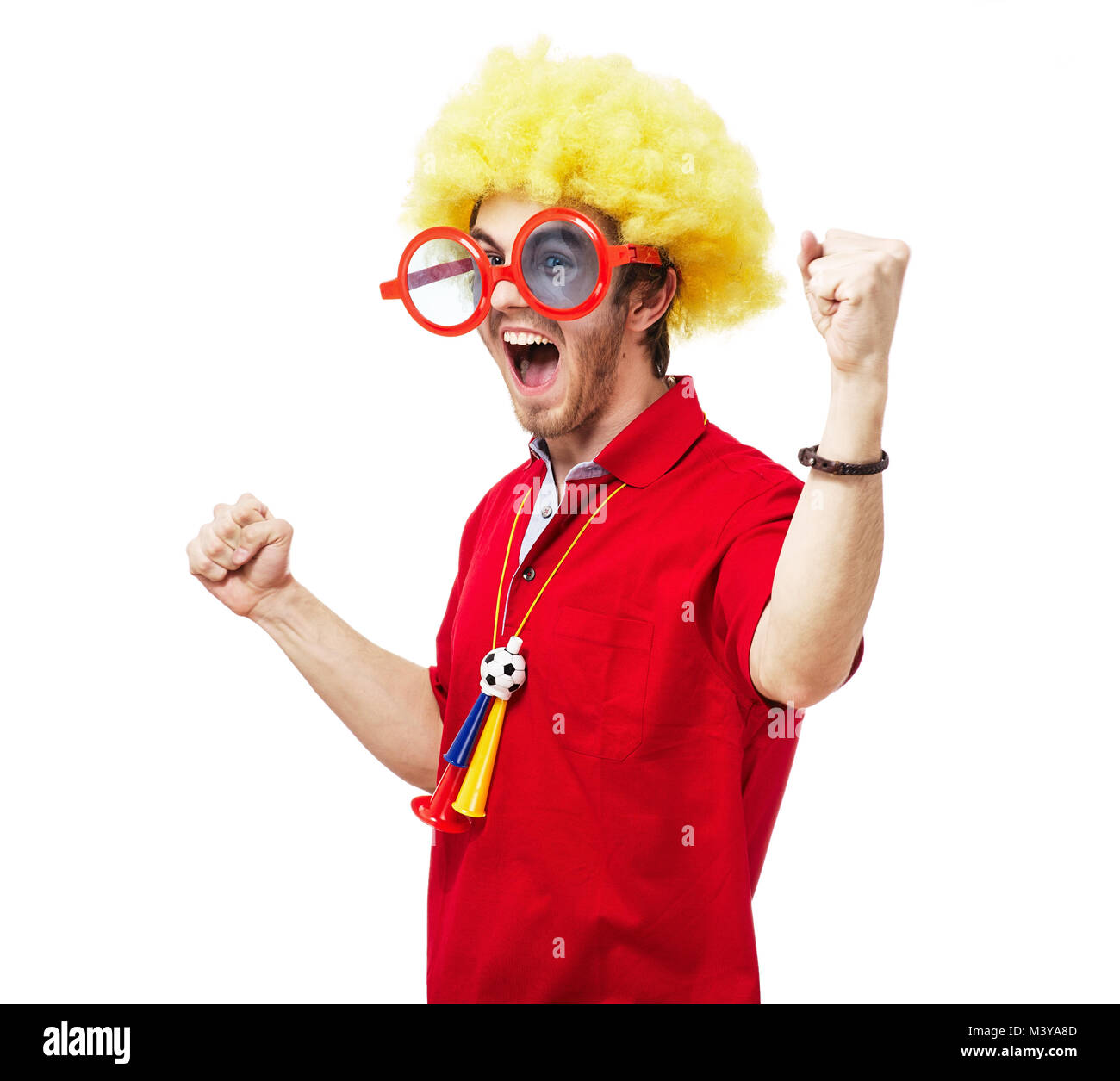 Football or soccer fan screaming with supporter attributes isolated on