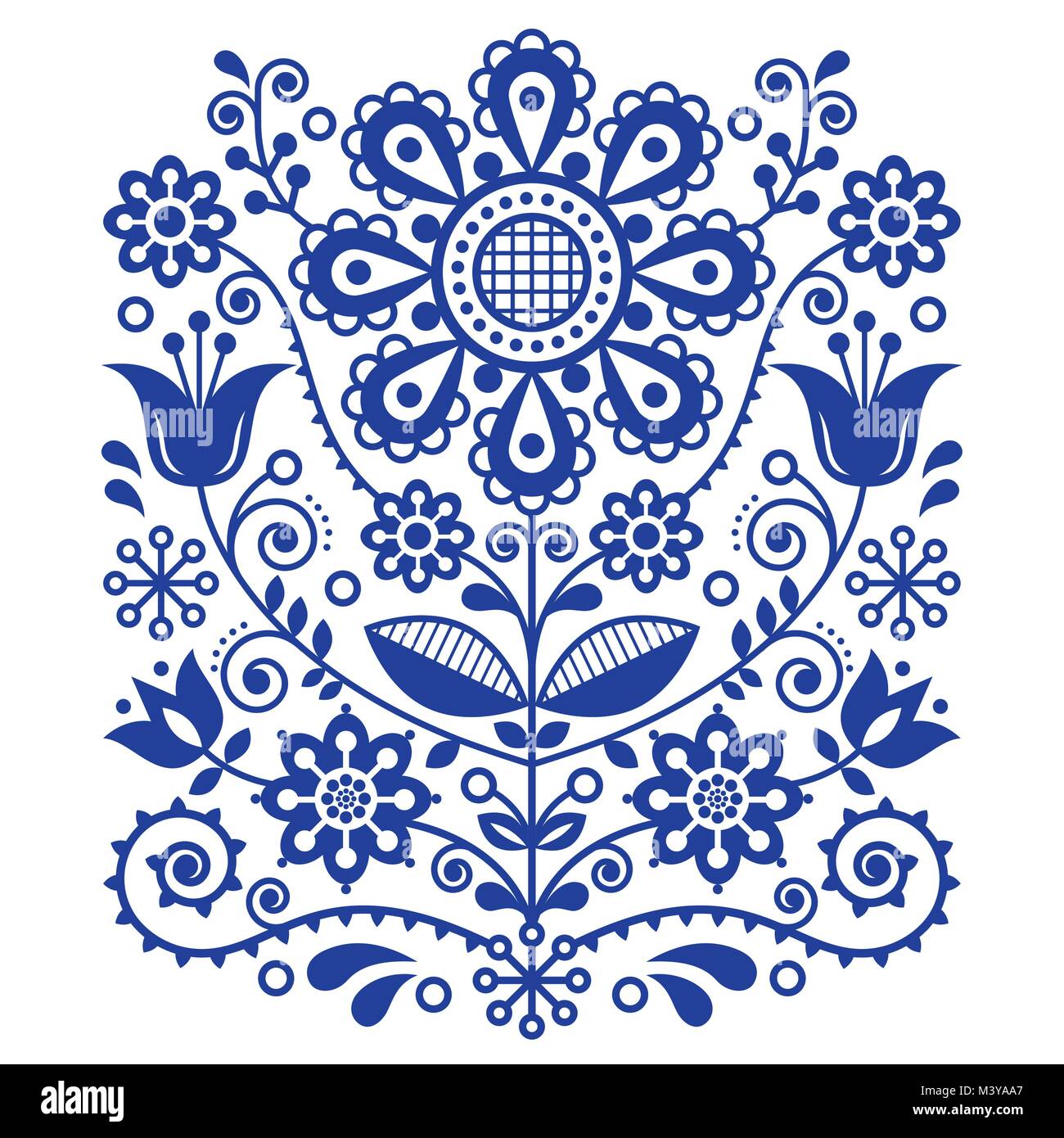 Scandinavian vector folk art pattern, floral retro ornament design, Nordic style ethnic decoration. Stock Vector
