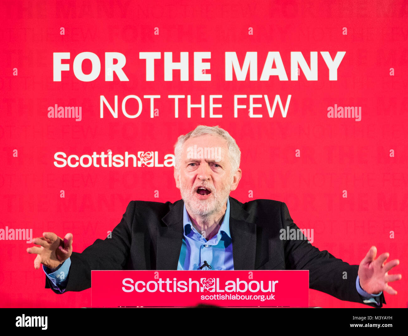 Penicuik, Scotland, United Kingdom, 12 February, 2018. Labour Leader Jeremy Corbyn gives speech at the Shottstown Miners Welfare Hall, Penicuik, Midlothian at the start of a tour of Scotland this week. Credit: Iain Masterton/Alamy Live News Stock Photo