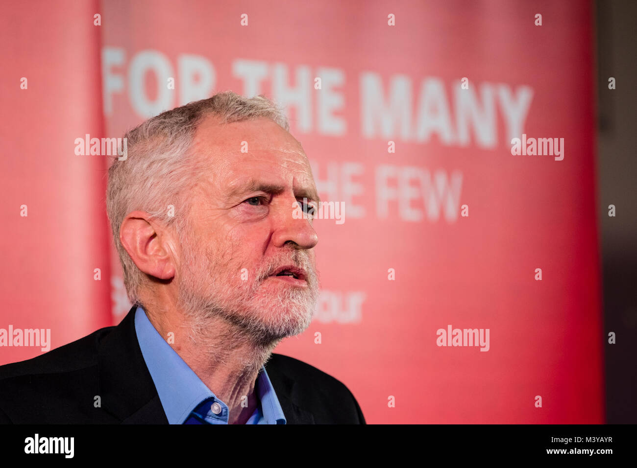 Penicuik, Scotland, United Kingdom, 12 February, 2018. Labour Leader Jeremy Corbyn gives speech at the Shottstown Miners Welfare Hall, Penicuik, Midlothian at the start of a tour of Scotland this week. Credit: Iain Masterton/Alamy Live News Stock Photo