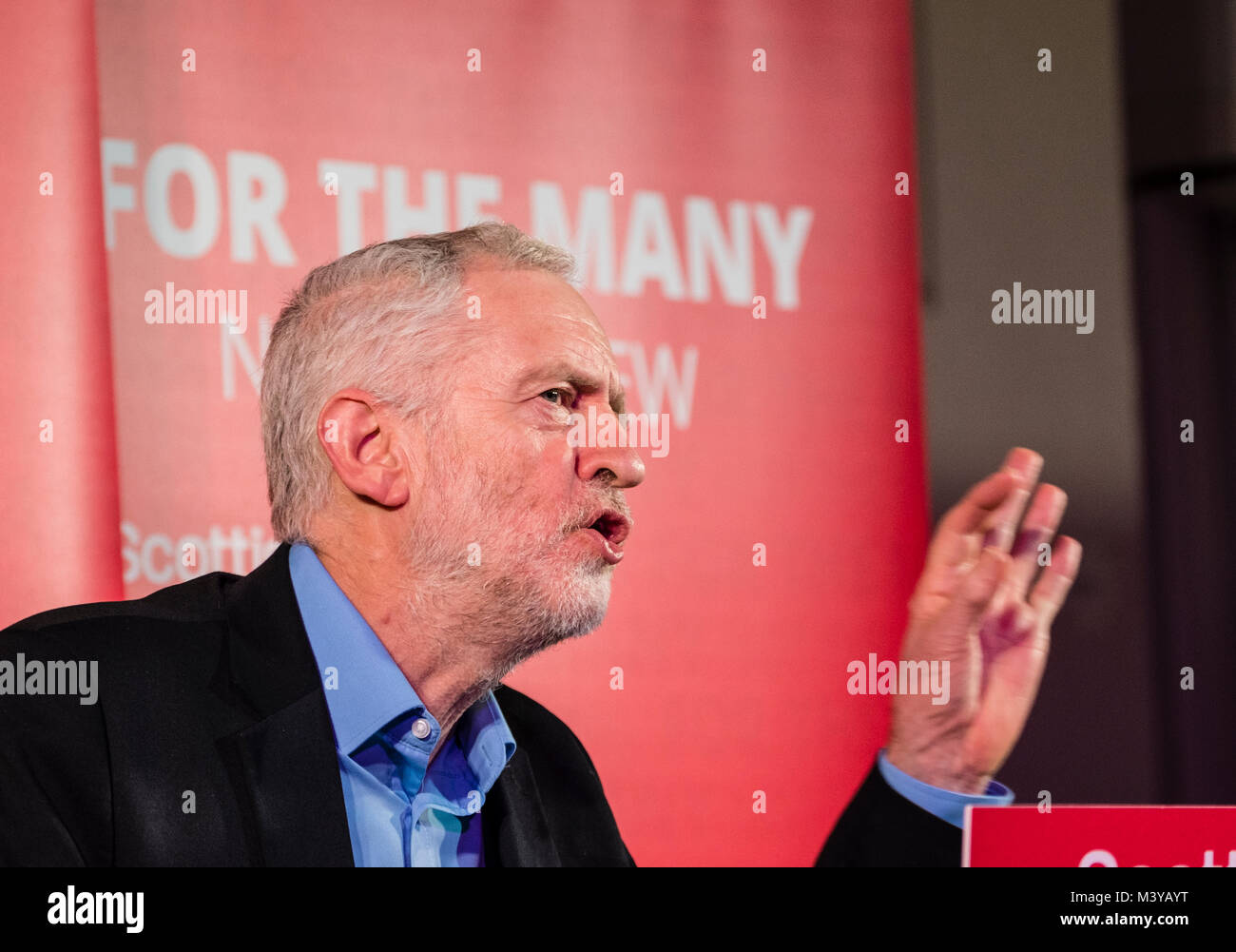 Penicuik, Scotland, United Kingdom, 12 February, 2018. Labour Leader Jeremy Corbyn gives speech at the Shottstown Miners Welfare Hall, Penicuik, Midlothian at the start of a tour of Scotland this week. Credit: Iain Masterton/Alamy Live News Stock Photo