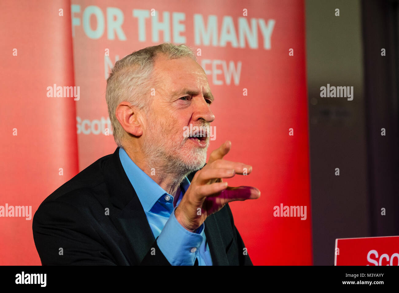 Penicuik, Scotland, United Kingdom, 12 February, 2018. Labour Leader Jeremy Corbyn gives speech at the Shottstown Miners Welfare Hall, Penicuik, Midlothian at the start of a tour of Scotland this week. Credit: Iain Masterton/Alamy Live News Stock Photo