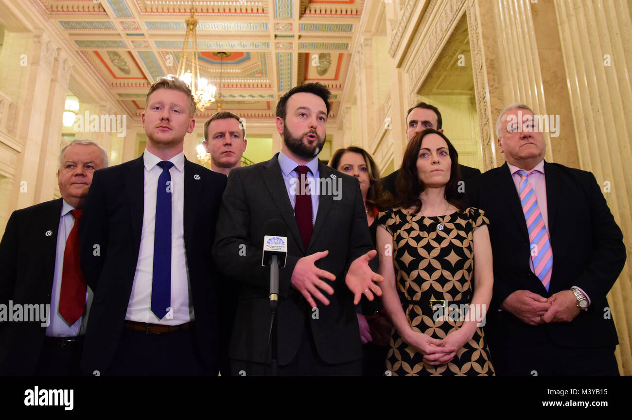 Belfast, UK. 12th Feb, 2018. SDLP Party Leader Colum Eastwood and members of his party address media during assembly talks. Belfast: UK: 12th Feb 2018 Credit: Mark Winter/Alamy Live News Stock Photo