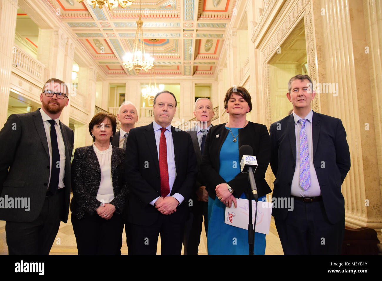 Belfast, UK. 12th Feb, 2018. DUP Party Leader Arlene Foster and members of her party address  media during assembly talks. Belfast: UK: 12th Feb 2018 Credit: Mark Winter/Alamy Live News Stock Photo
