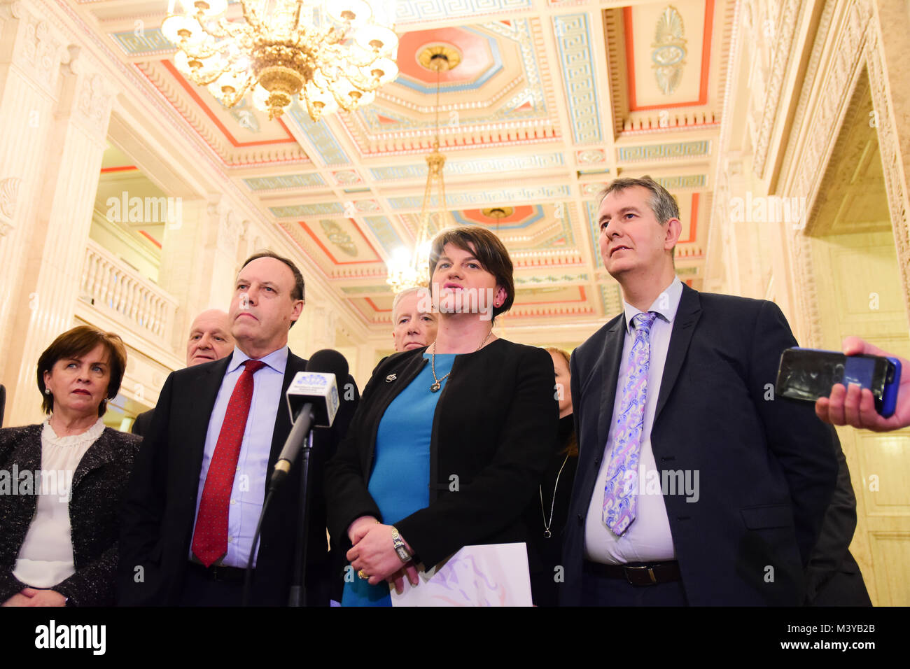 Belfast, UK. 12th Feb, 2018. DUP Party Leader Arlene Foster and members of her party address  media during assembly talks. Belfast: UK: 12th Feb 2018 Credit: Mark Winter/Alamy Live News Stock Photo