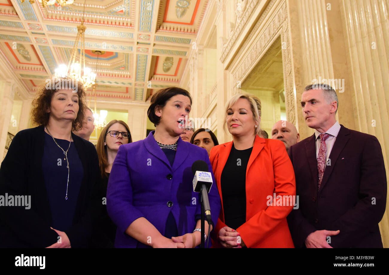 Belfast, UK. 12th Feb, 2018. Sinn Féin's new leader Mary Lou McDonald with North of Ireland Leader Michelle O'Neill speak with media during assembly talks. Belfast: UK: 12th Feb 2018 Credit: Mark Winter/Alamy Live News Stock Photo