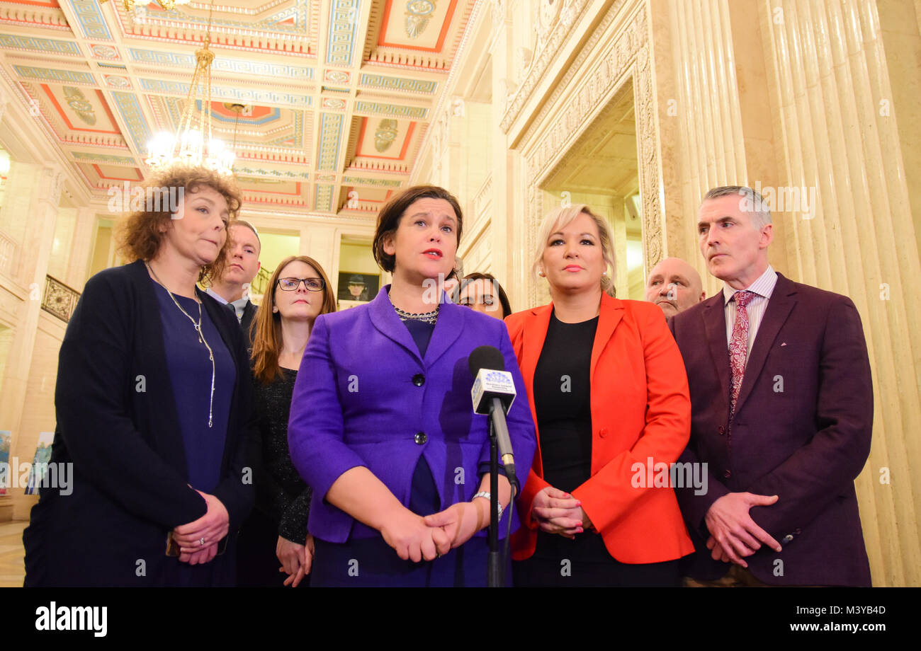 Belfast, UK. 12th Feb, 2018. Sinn Féin's new leader Mary Lou McDonald with North of Ireland Leader Michelle O'Neill speak with media during assembly talks. Belfast: UK: 12th Feb 2018 Credit: Mark Winter/Alamy Live News Stock Photo