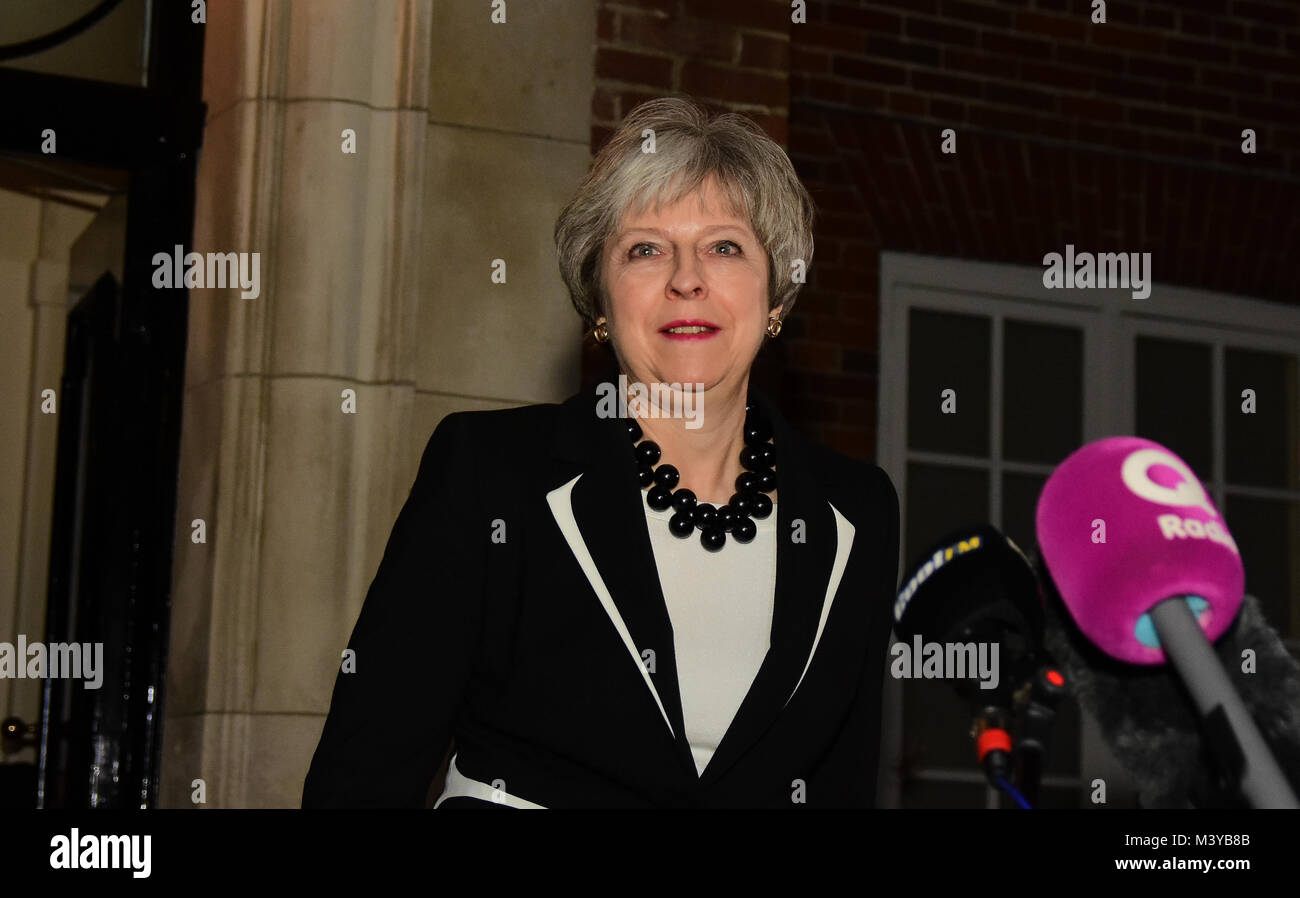 Belfast, UK. 12th Feb, 2018. Prime Minister Theresa May gives a press conference at Stormont House in Belfast as talks continue between parties in restoration of the devolved government. Credit: Mark Winter/Alamy Live News Stock Photo