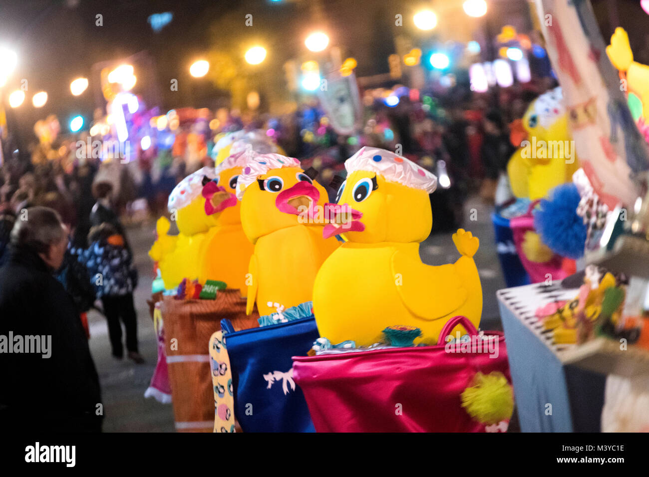 Gijon, Spain. 12th February 2018. People wears rubber ducky costumes