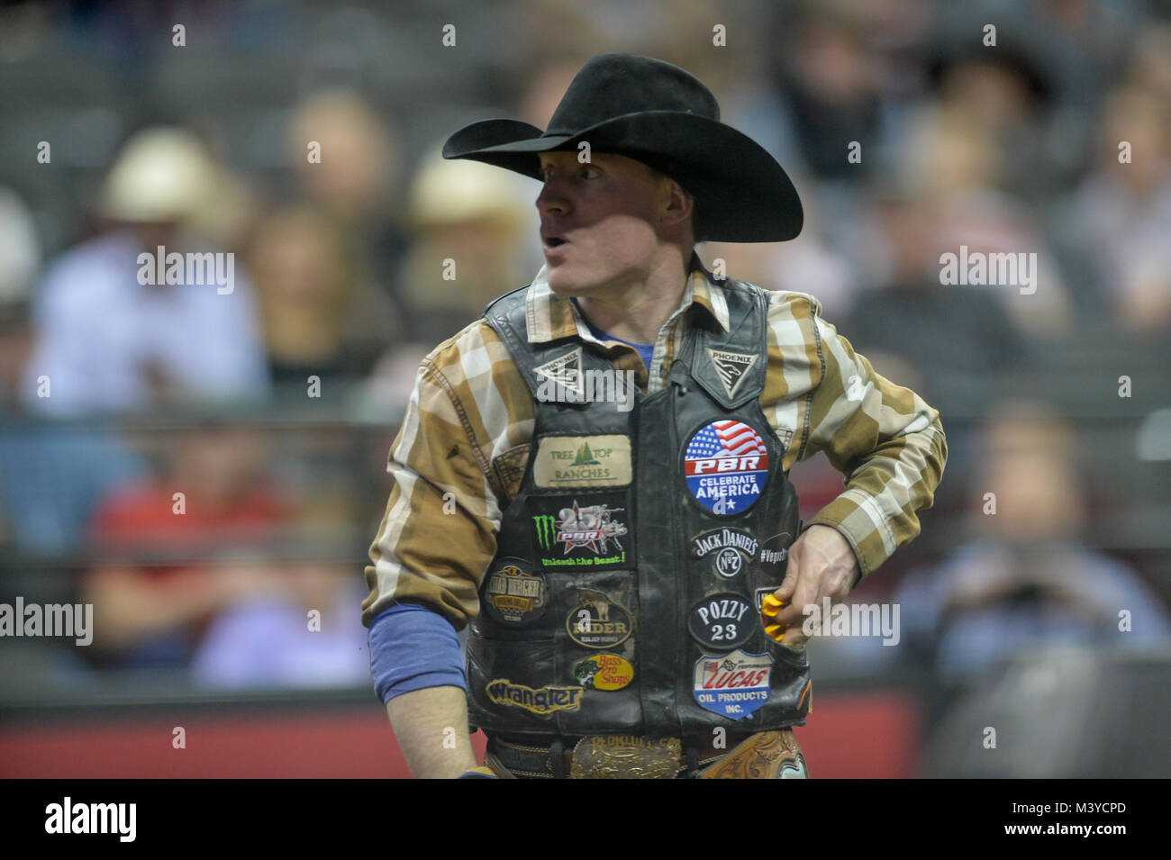 Kansas City, Missouri, USA. 11th Feb, 2018. CODY CAMPBELL looks back at the scoreboard following his ride during the second day of competition of the PBR Caterpillar Classic held at the Sprint Center in Kansas City, Missouri. Credit: Amy Sanderson/ZUMA Wire/Alamy Live News Stock Photo