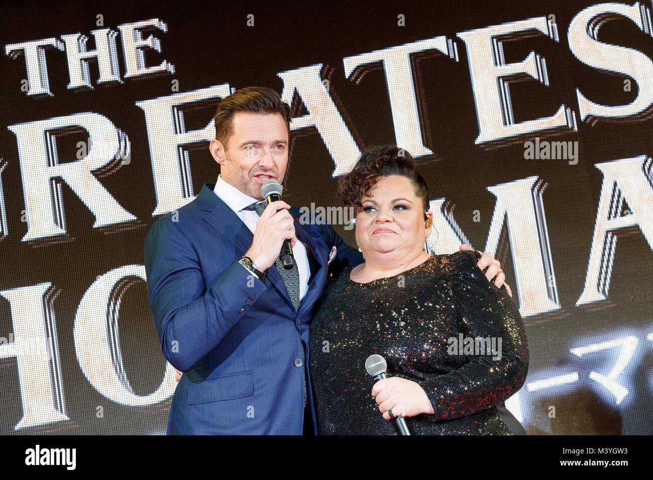 Tokyo, Japan. 13th Feb, 2018. (L to R) Australian actor Hugh Jackman and American actress/singer Keala Settle, speak during a special red carpet event for the film ''The Greatest Showman'' on February 13, 2018, Tokyo, Japan. The Japanese musical movie directed by Michael Gracey will be released in Japan on February 16. Credit: Rodrigo Reyes Marin/AFLO/Alamy Live News Stock Photo