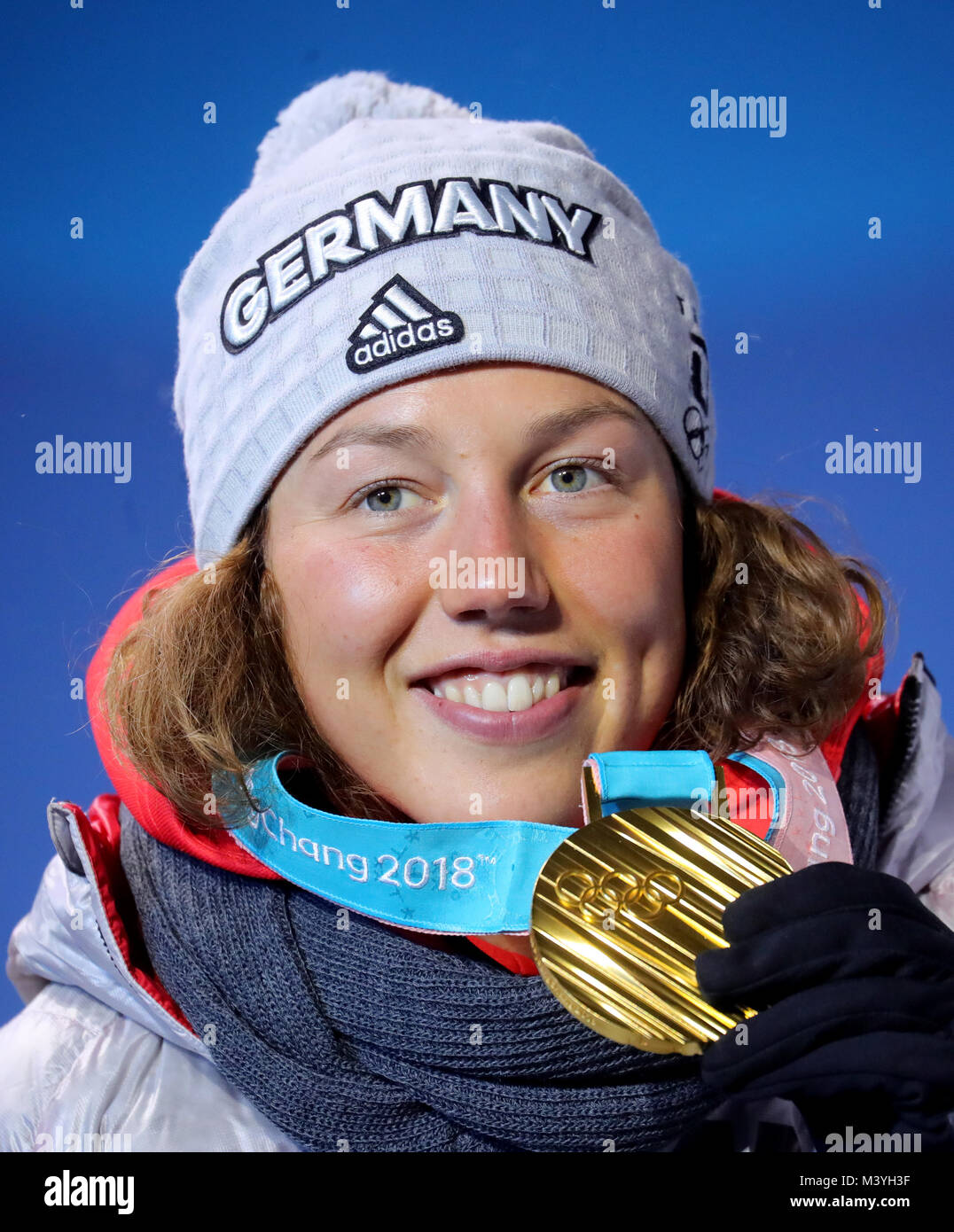 Pyeongchang, South Korea. 13th Feb, 2018. German biathlete Laura Dahlmeier celebrates her second gold medal at the Winter Olympics in Pyeongchang, South Korea, 13 February 2018. Credit: Michael Kappeler/dpa/Alamy Live News Stock Photo