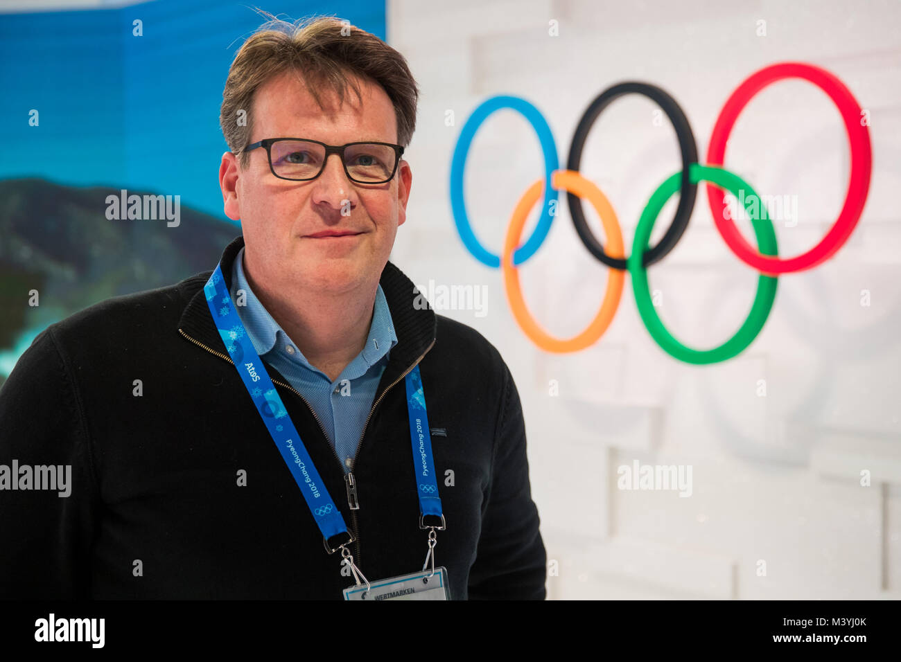 Pyeongchang, South Korea. 13th Feb, 2018. Thomas Fuhrmann, chief editor at the sports desk of German broadcaster ZDF, stands in the studio of the International Broadcast Centre (IBC) in Pyeongchang, South Korea, 13 February 2018. Credit: Daniel Karmann/dpa/Alamy Live News Stock Photo