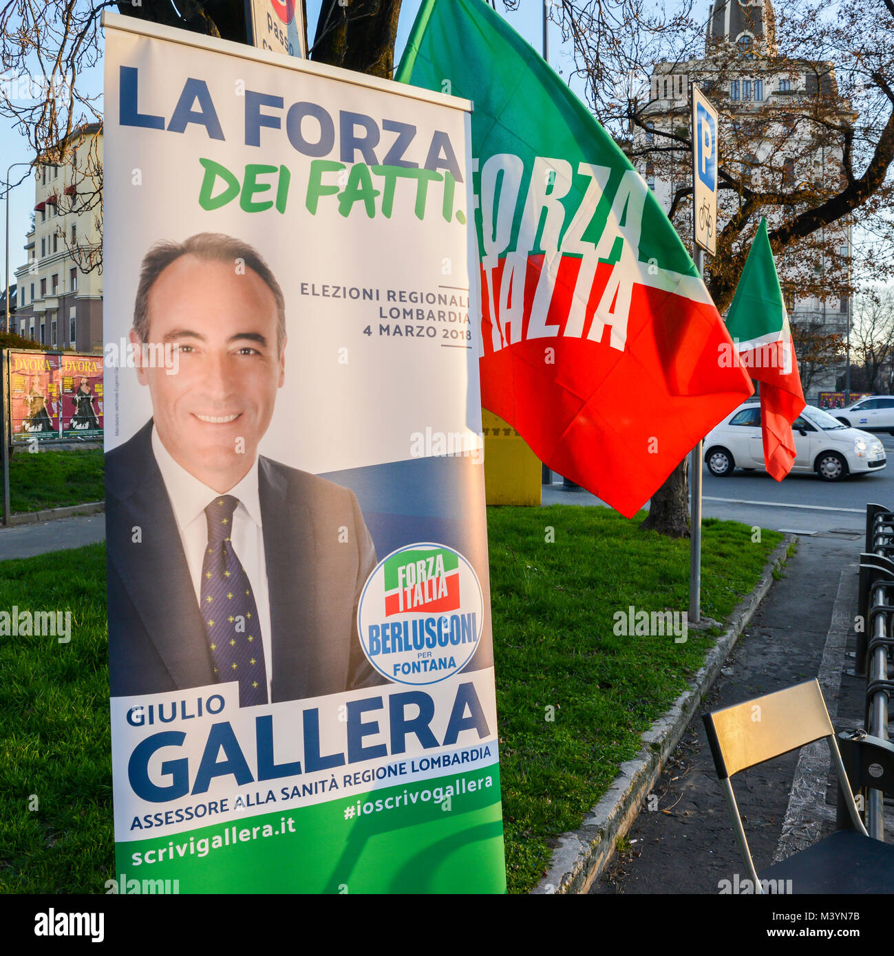 Milan, Italy. 13th February, 2018. Campaigning on street of Milan, Italy for Giulio Gallera of Berlusconi's Forza Italia Party ahead of  2018 Italian general election is due to be held on March 4th, 2018. Voters will elect the 630 members of the Chamber of Deputies and the 315 elective members of the Senate of the Republic for the 18th legislature of the Republic of Italy, since 1948. Credit: Alexandre Rotenberg/Alamy Live News Stock Photo