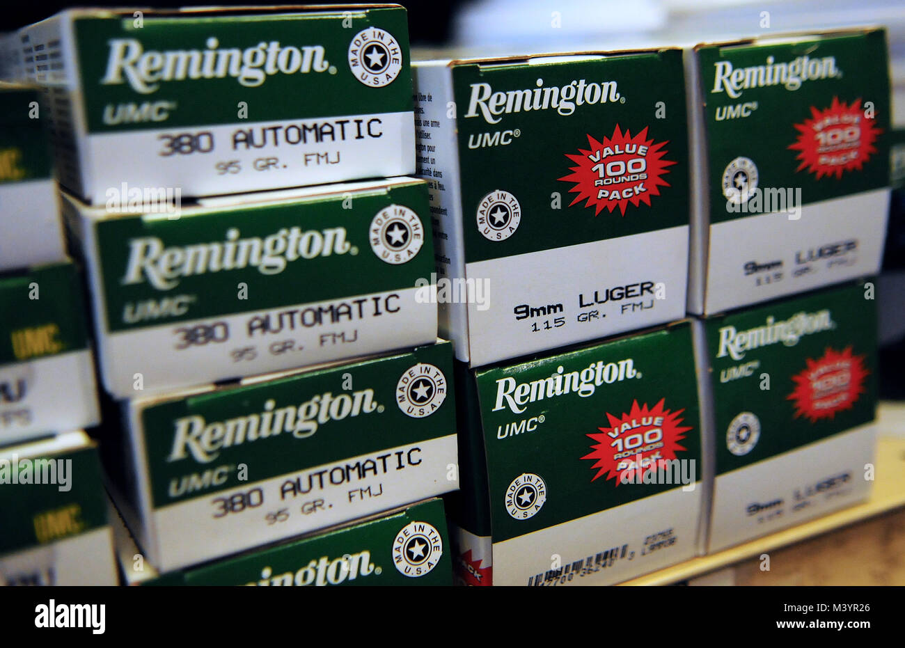 Orlando, Florida, United States . February 13, 2018 Remington ammunition is seen at the Bass Pro Shops sporting goods store on February 13, 2018 in Orlando, Florida, the day after Remington Outdoor Company, the 202 year-old gunmaker, announced plans to file for Chapter 11 bankruptcy protection. The gun industry has suffered from slumping sales since the election of President Donald Trump, as fears of more stringent gun control laws were calmed. (Paul Hennessy/Alamy) Stock Photo