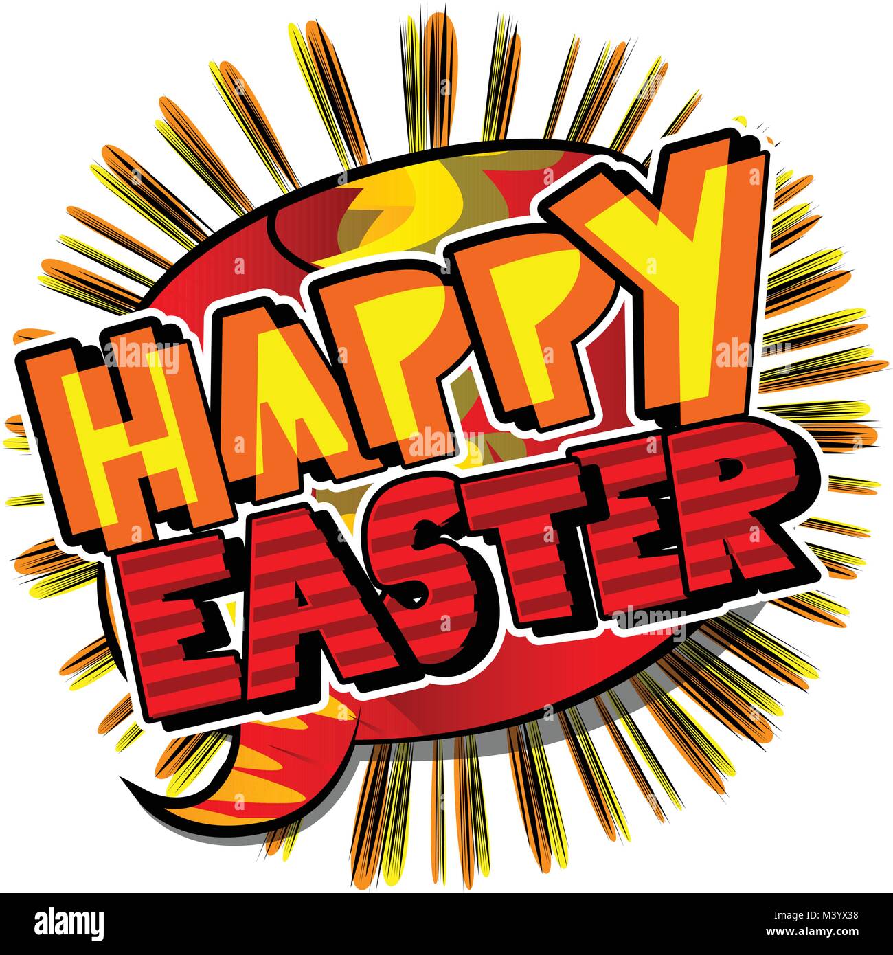 Happy Easter text on comic book background. Vector cartoon character