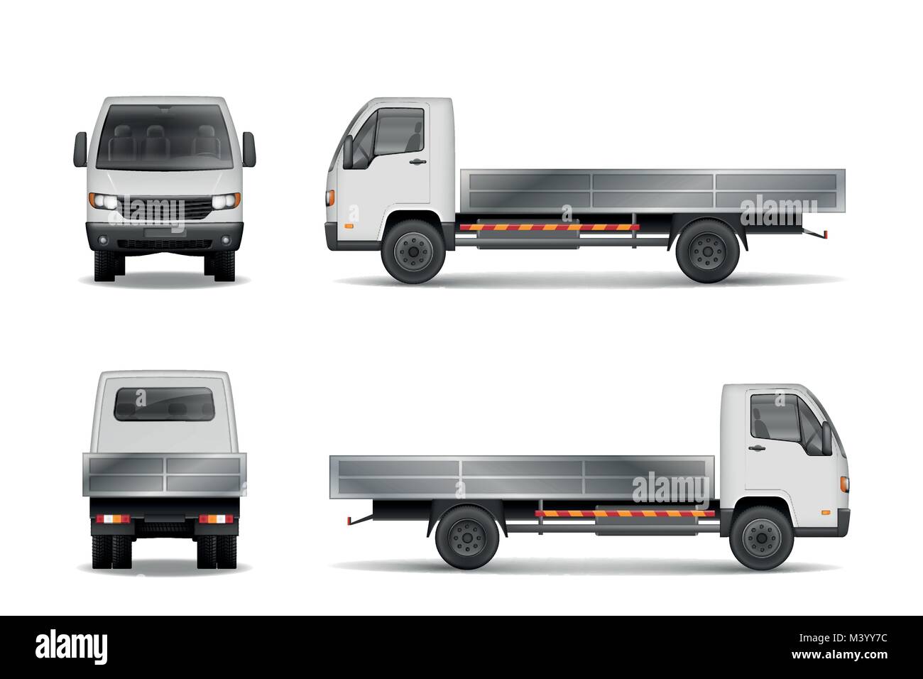 White realistic delivery cargo truck isolated on white. City commercial lorry mockup from side, front and rear view. Vector illustration. Stock Vector
