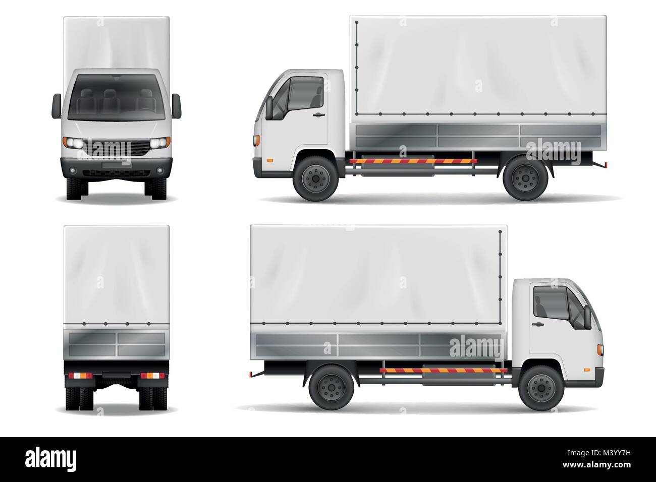 Semi truck isolated on white. Commercial realistic cargo lorry mockup. Delivery truck vector template from side, back, front View. Stock Vector