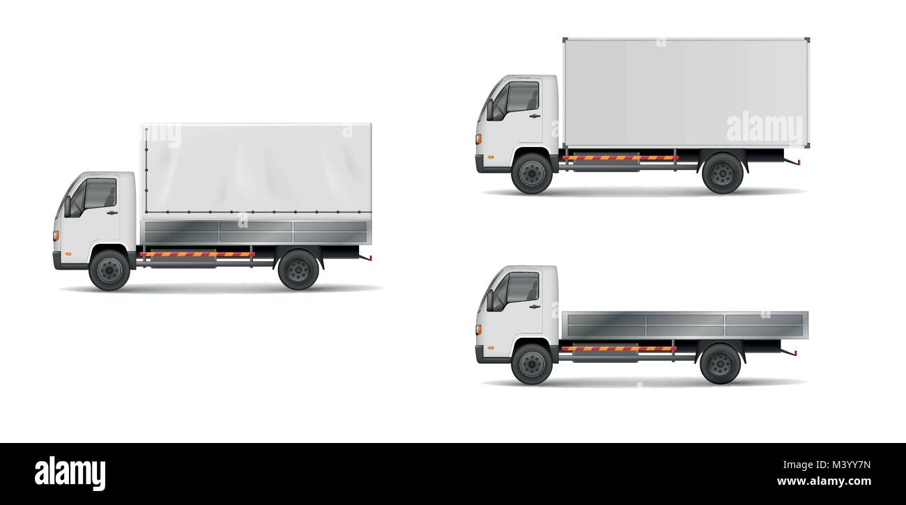 Set of realistic white cargo vehicles. vector illustration with heavy truck, trailer, lorry, delivery van isolated. Side view mockup. Stock Vector