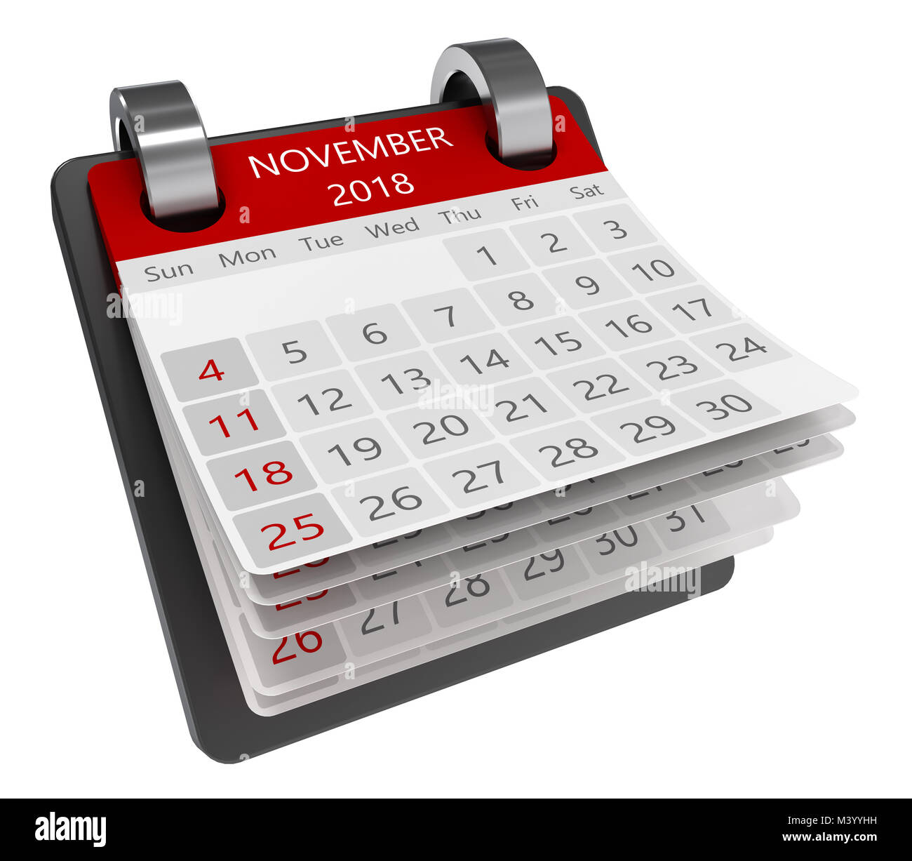 3d monthly calendar perspective view isolate, 2018 november page Stock Photo