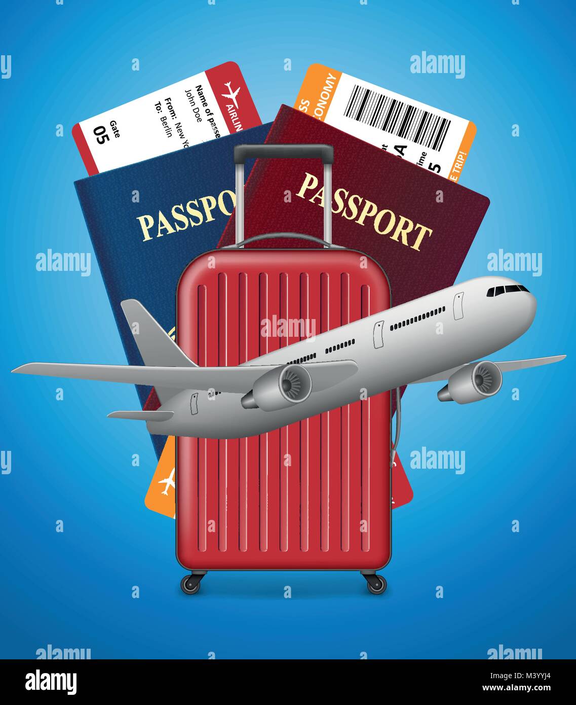 Business trip banner with Passport, tickets, airplane and suitcase on blue background. International Air travel concept. Business travel vector illustration. Stock Vector