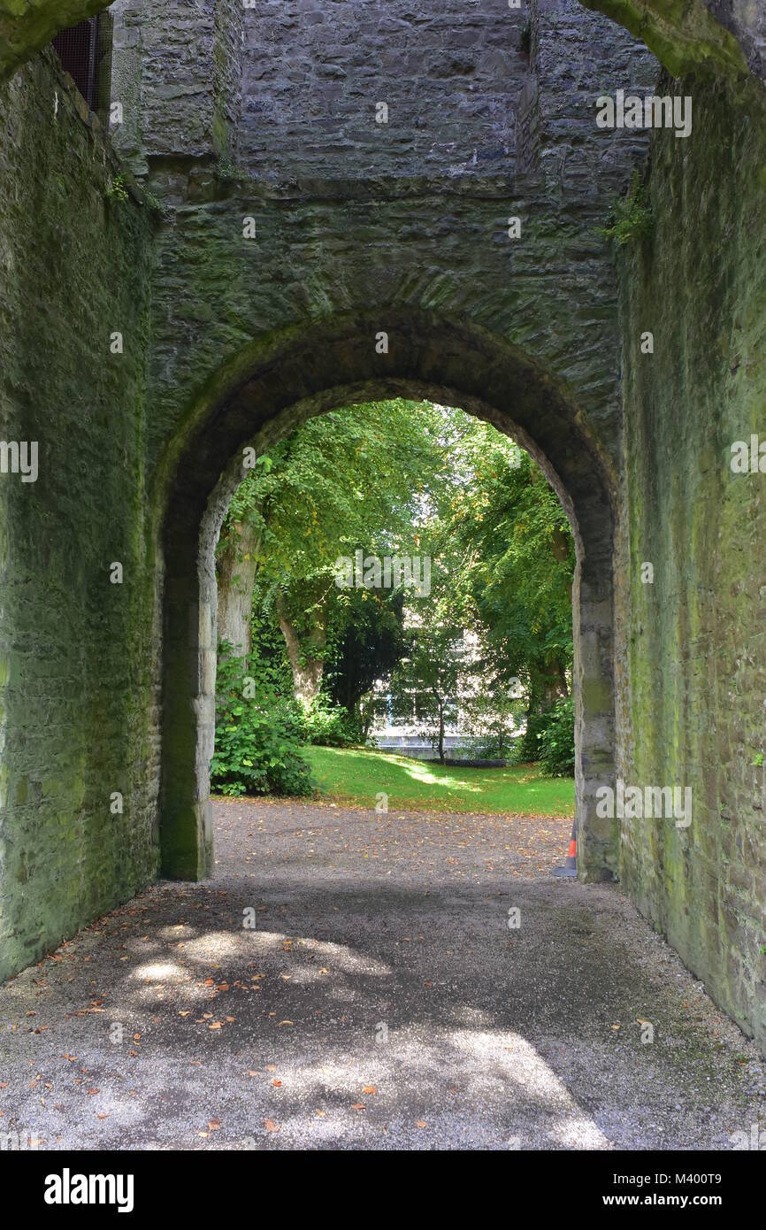 Main gate in conserved ruins of medieval stone castle from 12th century in town of Maynooth in Ireland. Stock Photo