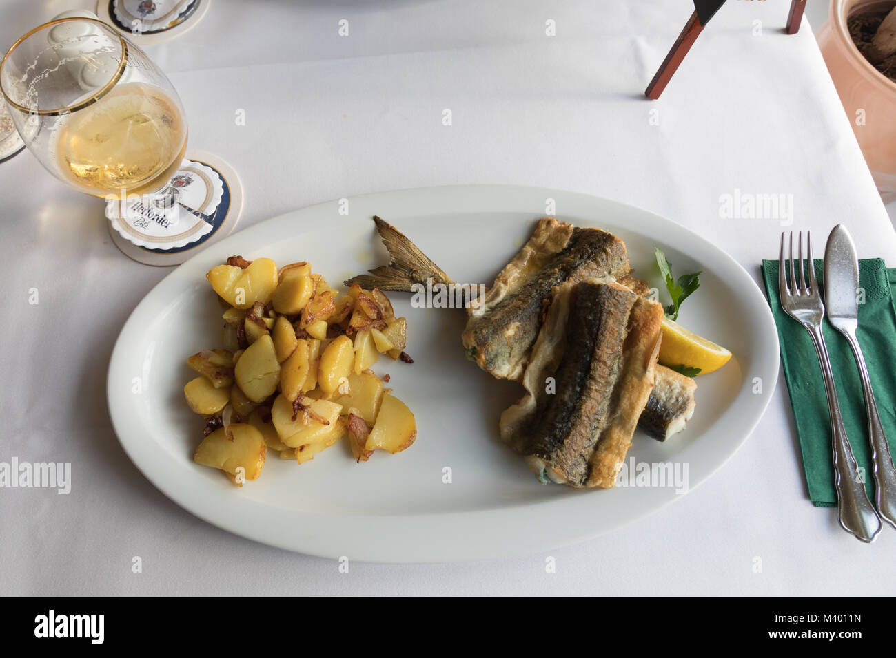 Needle fish (belone belone) on a plate, Wieck, Germany Stock Photo