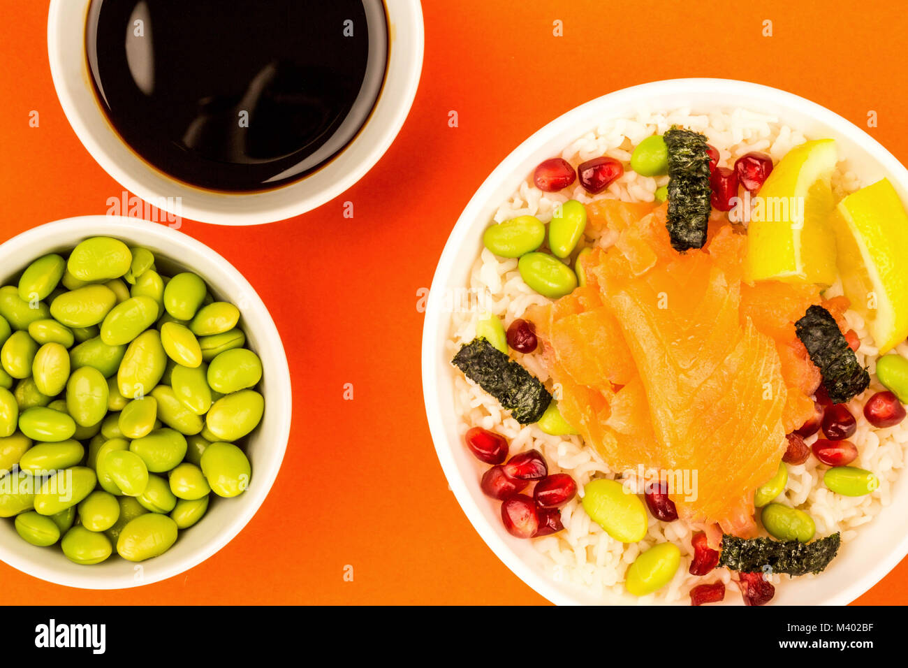 Healthy Hawaiian Style Poke Bowl Of Smoked Salmon With Rice Edamame