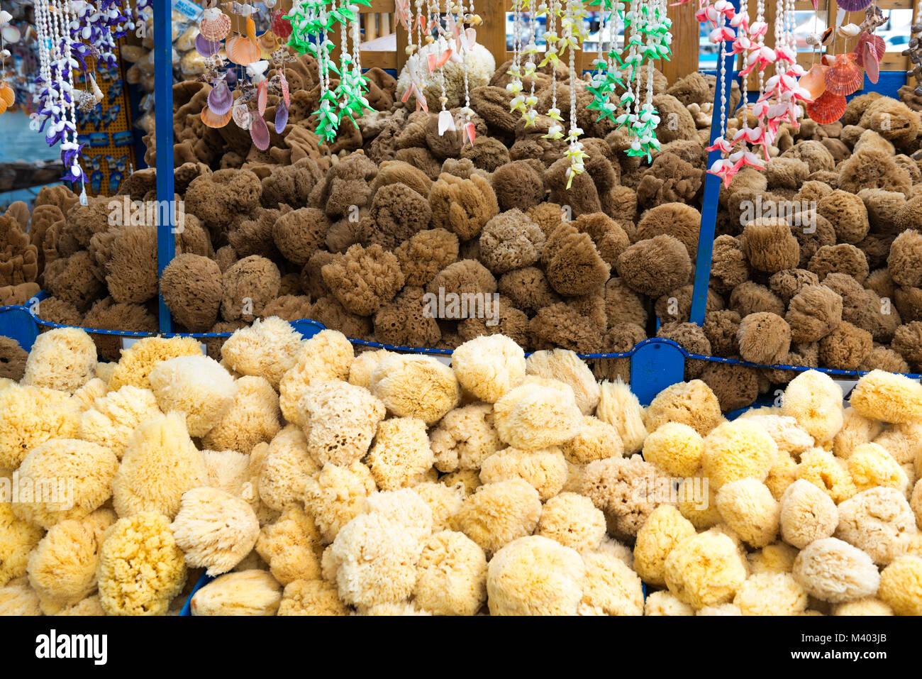 Natural marine sponges exposed in a street market, Rhodes Island, Greece. Stock Photo