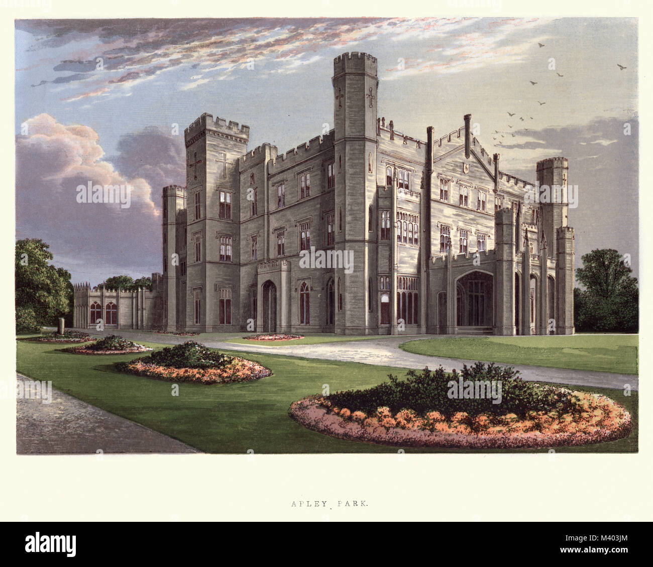 Vintage engraving of Apley Hall is an English Gothic Revival house located in Stockton, Shropshire. A Series of Picturesque Views of Seats of the Nobl Stock Photo