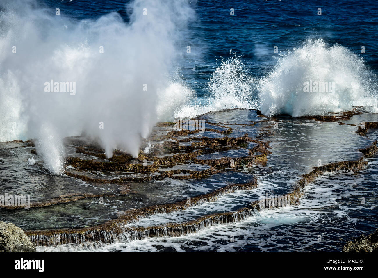 Wave spouting through blow hole at coast on Tongatapu, Tonga Stock Photo