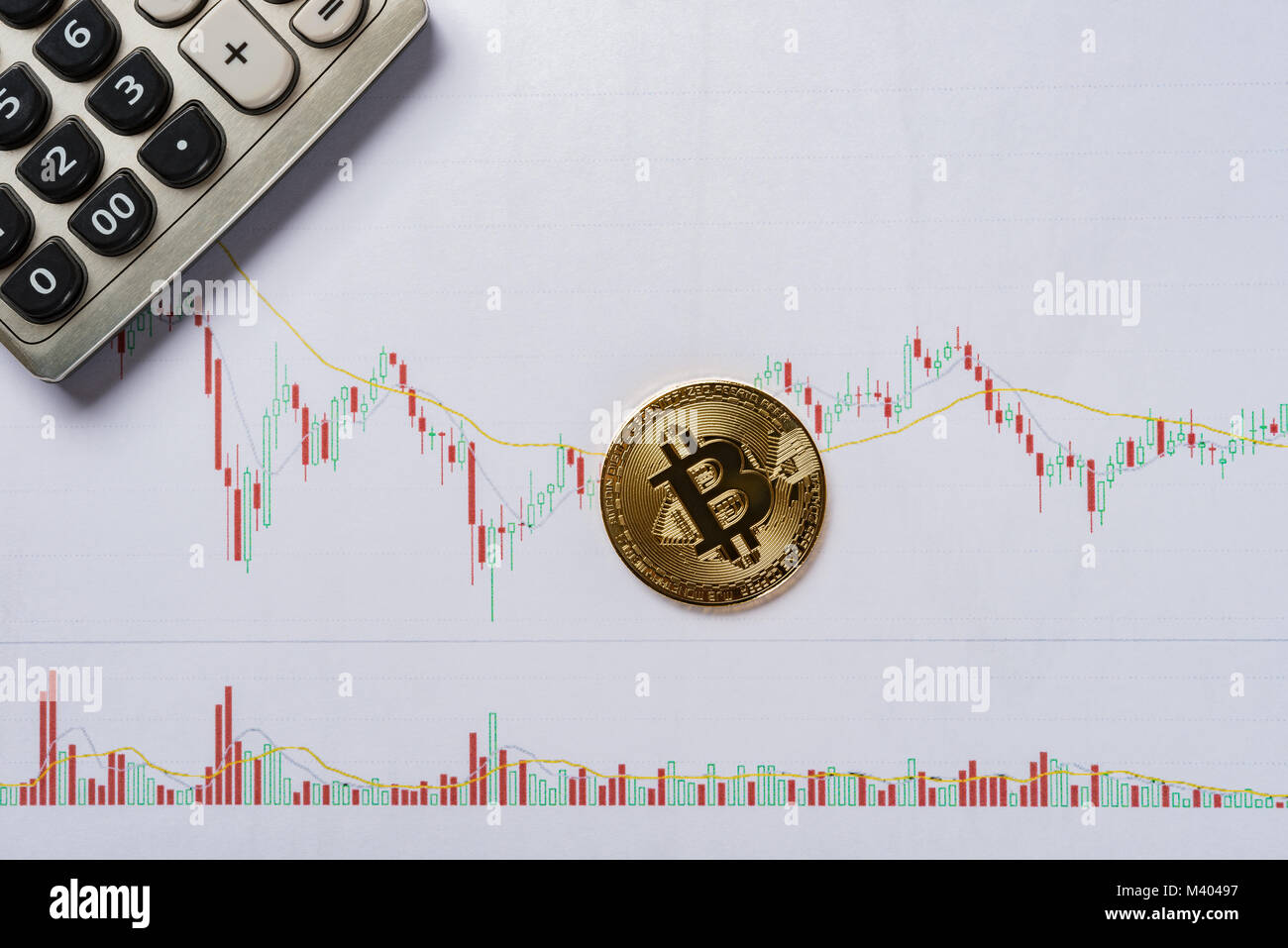 bitcoin and caculator on a Candlestick Charts chart as financial concept Stock Photo Alamy