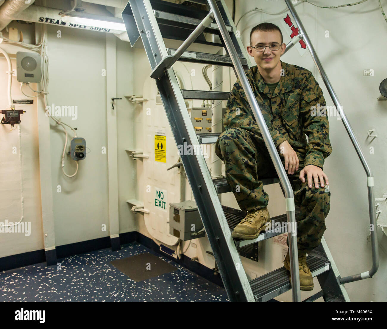 U.S. Marine Lance Cpl. Jerimiah Cunningham is a 20-year-old team leader assigned to Lima Company, 3rd Battalion, 3rd Marine Regiment currently who is currently embarked upon the U.S.S. Bonhomme Richard (LHD-6), at sea, Feb. 6, 2018. Cunningham, a Parkersburg, West Virginia native, is traveling to the Kingdom of Thailand to participate in Exercise Cobra Gold 18. The U.S. and Kingdom of Thailand co-lead annual exercise will be held from Feb. 13-23 with up to seven nations participating. (U.S. Marine Corps photo by Sgt. Ricky Gomez) Stock Photo