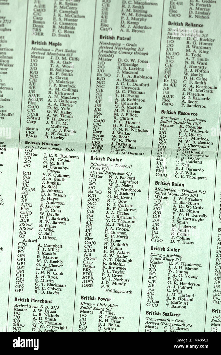 Oil Tanker fleet. BP ship's crew listings. (1970s Stock Photo Alamy