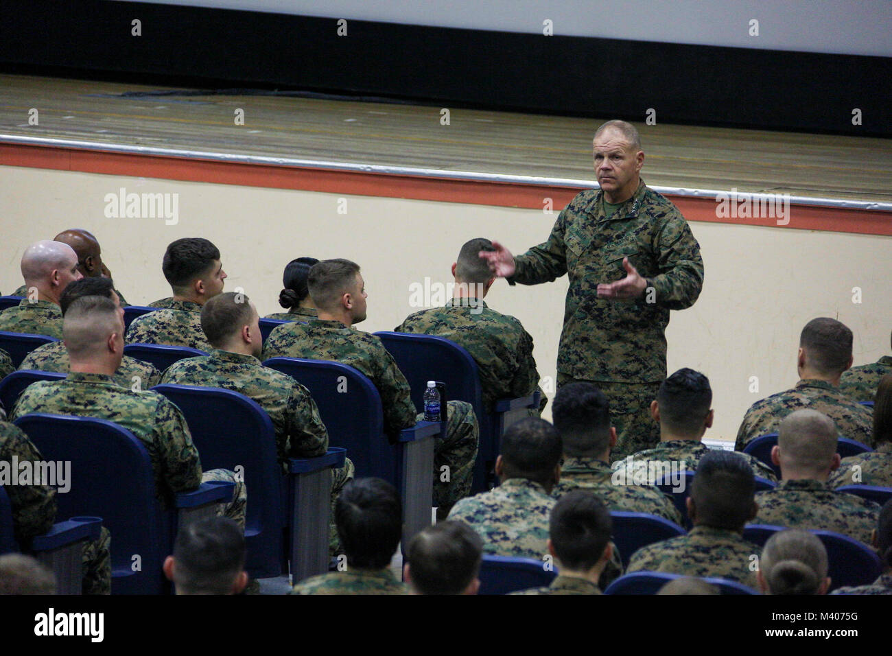 Commandant of the Marine Corps Gen. Robert B. Neller speaks at town halls during a visit to Twentynine Palms, Calif., February 7, 2018. Neller addressed Marines and Sailors about his latest Message to the Force and answered questions. (U.S. Marine Corps photo by Sgt. Olivia G. Ortiz) Stock Photo