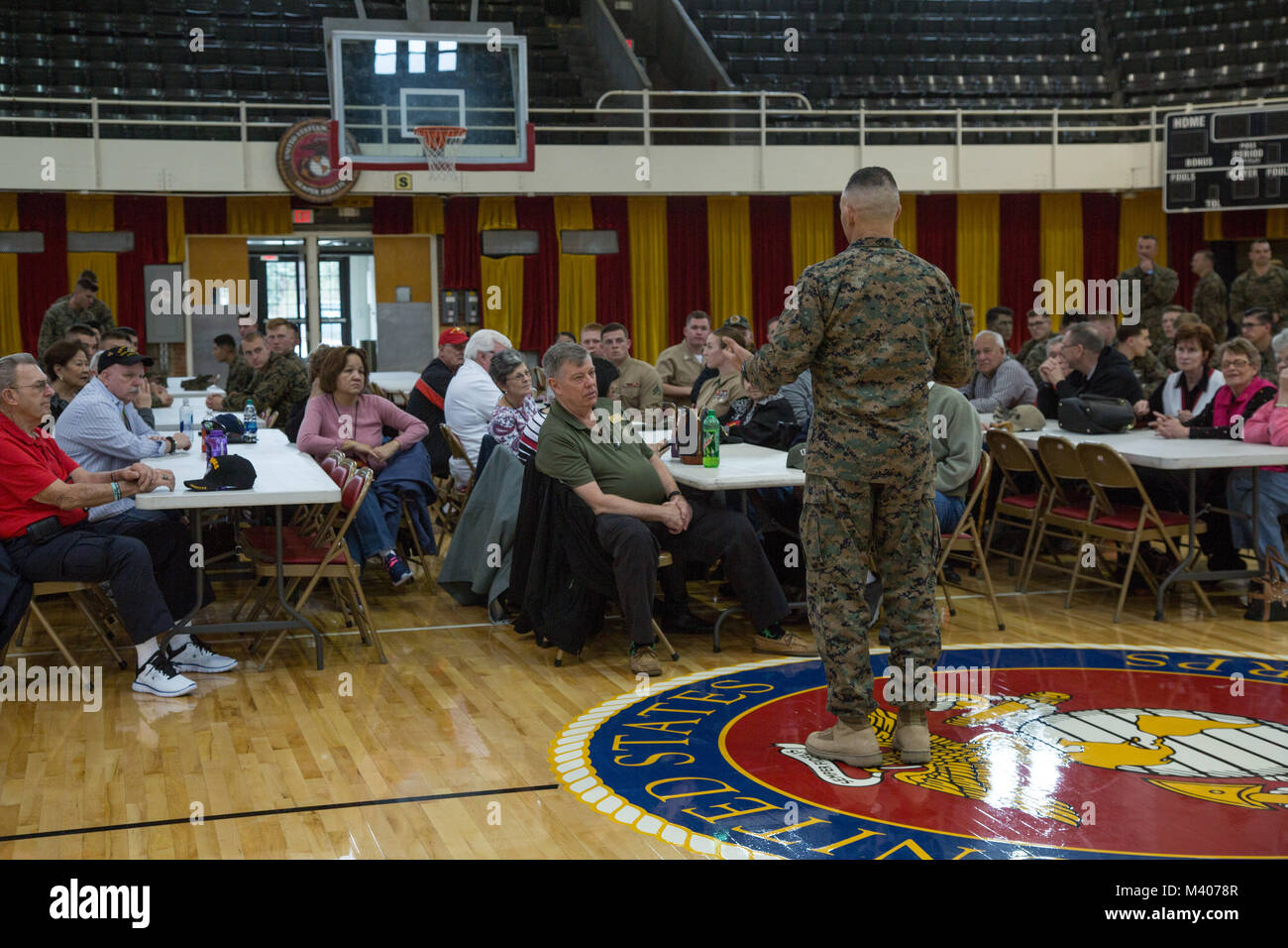 U.S. Marine Corps Maj. Gen. John K. Love, commanding general, 2nd Marine Division (2d MARDIV), welcomes members of the Second Marine Division Association (SMDA) on Camp Lejeune, N.C., Feb. 7, 2018. SMDA is aboard Camp Lejeune to observe and celebrate the Division’s 77th birthday. (U.S. Marine Corps photo by Lance Cpl. Taylor N. Cooper) Stock Photo