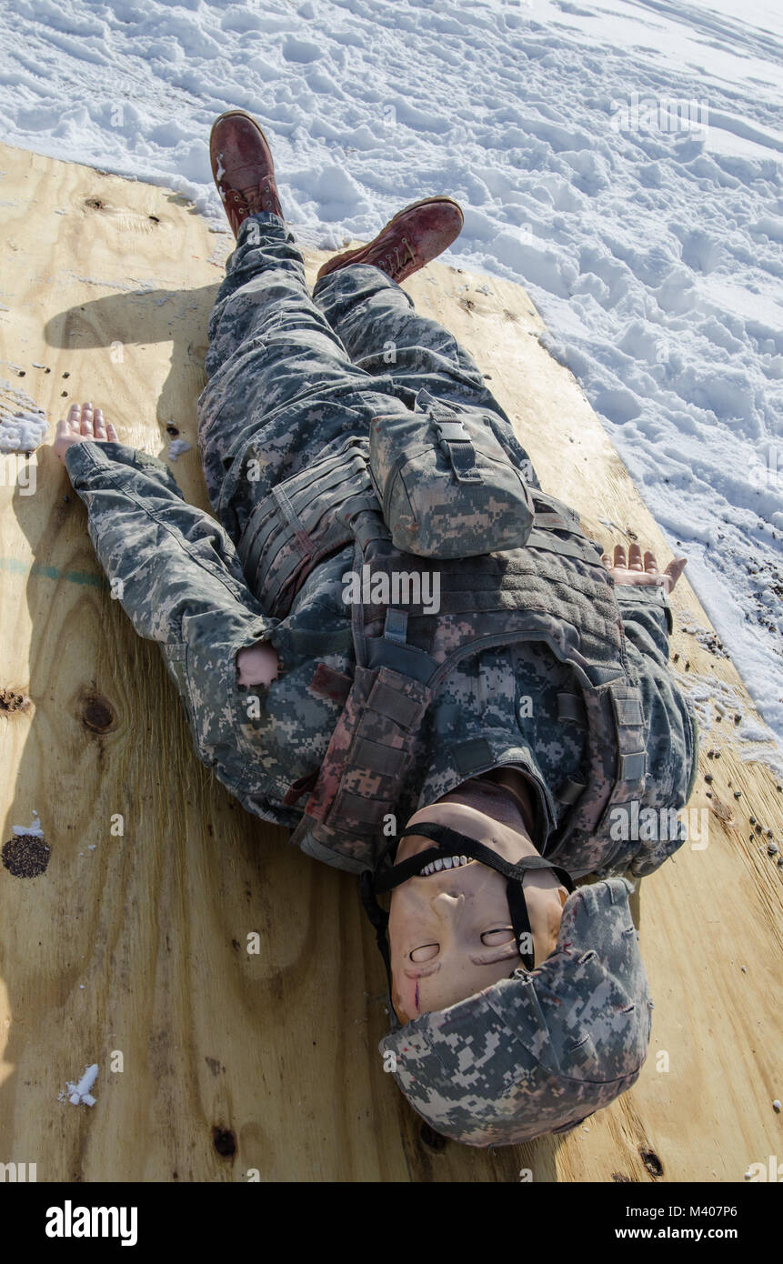 FORT MCCOY, Wis. - An emergency patient simulator is staged for a medical evacuation rehearsal conducted by Task Force Triad, Operation Cold Steel II, at Fort McCoy, Wis., Feb. 8, 2018. Operation Cold Steel is the U.S. Army Reserve’s crew-served weapons qualification and validation exercise to ensure America’s Army Reserve units and Soldiers are trained and ready to deploy on short-notice as part of Ready Force X and bring combat-ready and lethal firepower in support of the Army and our joint partners anywhere in the world.  (U.S. Army Reserve photo by Staff Sgt. Debralee Best/Operation Cold S Stock Photo