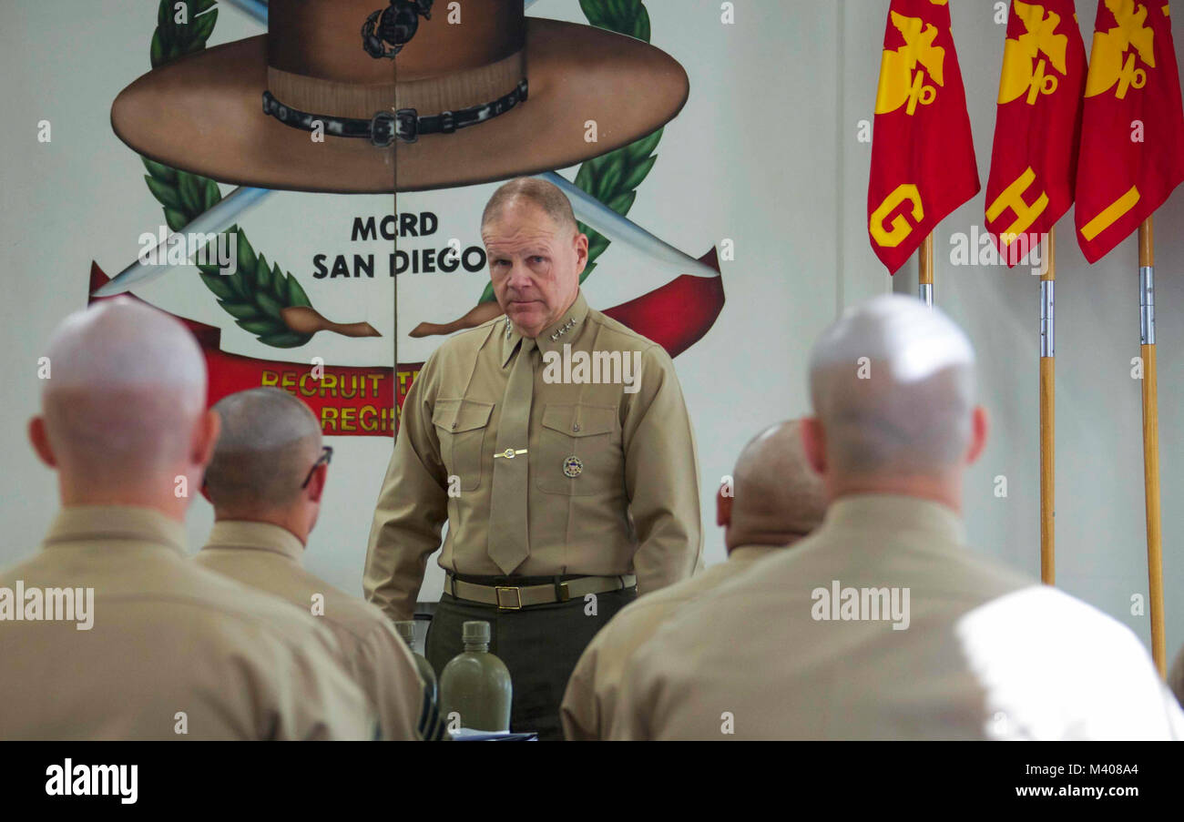 Commandant of the Marine Corps Gen. Robert B. Neller speaks to Marines during a visit to Drill Instructor School aboard Marine Corps Recruit Depot, San Diego, Calif., February 8, 2018. Neller addressed the Marines about his latest Message to the Force: Execute and answered questions. (U.S. Marine Corps photo by Sgt. Olivia G. Ortiz) Stock Photo