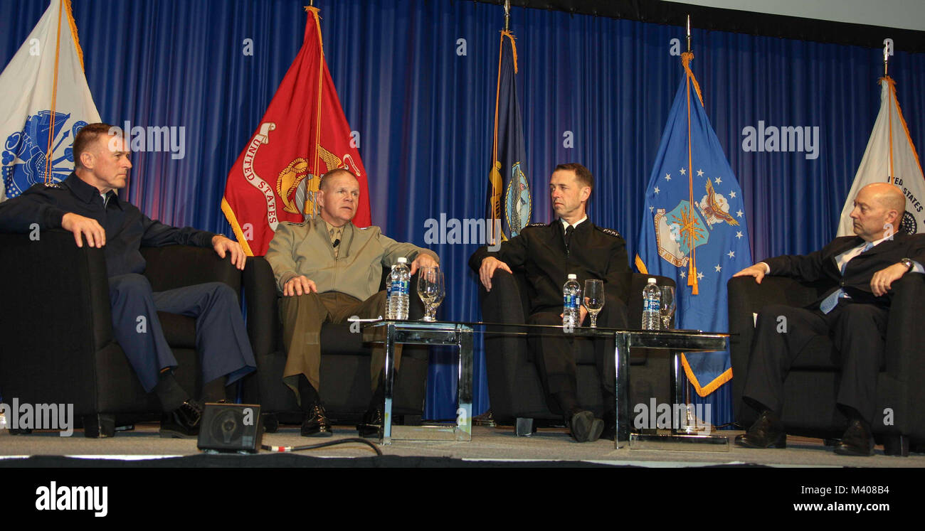 From left, Commandant of the Coast Guard Adm. Paul F. Zukunft, Commandant of the Marine Corps Gen. Robert B. Neller, Chief of Naval Operations Adm. John M. Richardson, and retired Navy Adm. James Stavridis speak to service members and attendees at the Sea Service Chiefs Town Hall Luncheon at the San Diego Convention Center, San Diego, Calif., February 8, 2018. They spoke about their respective services and answered questions from the audience. (U.S. Marine Corps photo by Sgt. Olivia G. Ortiz) Stock Photo