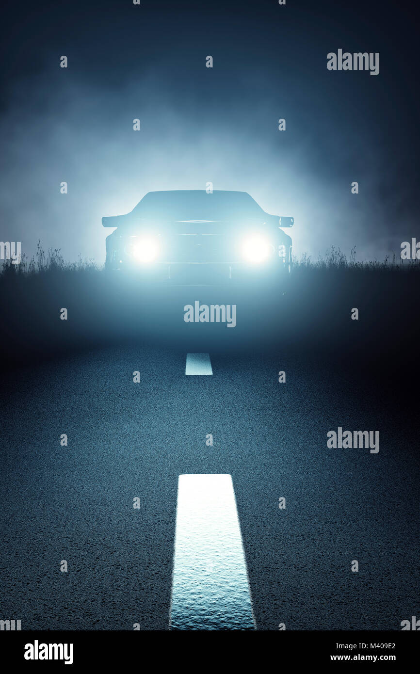 Car lights seen from the front on a dark eerie misty night and approaching on a striped asphalt road (3D render) Stock Photo